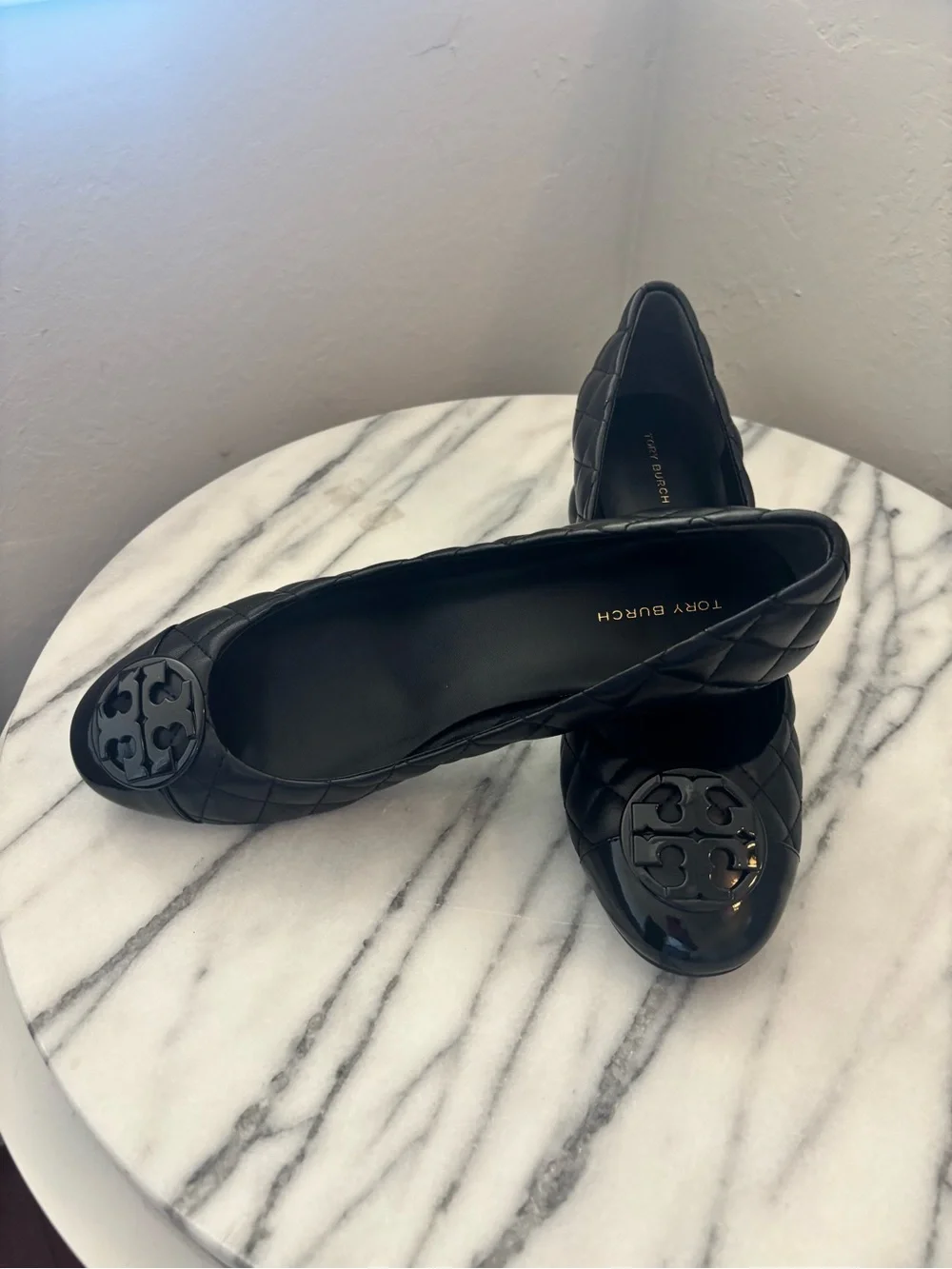 Tory Burch Quilted Black Patent Cap-Toe Block Heel Pump